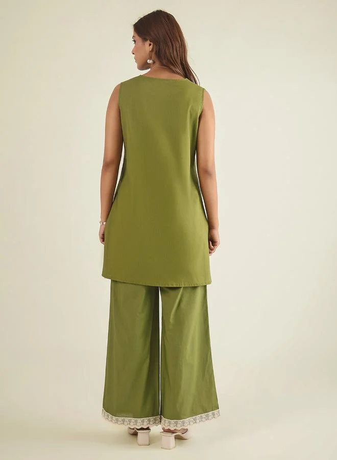 Winered  Women Green Cotton Poplin Lace Detailed Tunic with Pants Co-Ords for Women | Best Price UAE